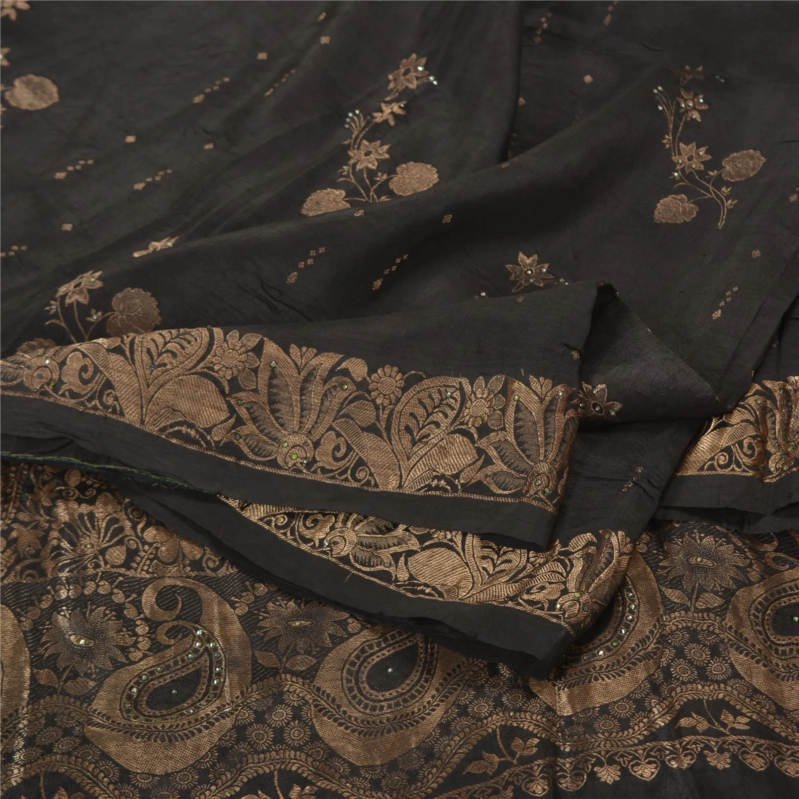 Sanskriti Vintage Sarees 100% Pure Silk Black Woven Brocade/Banarasi Sari Fabric