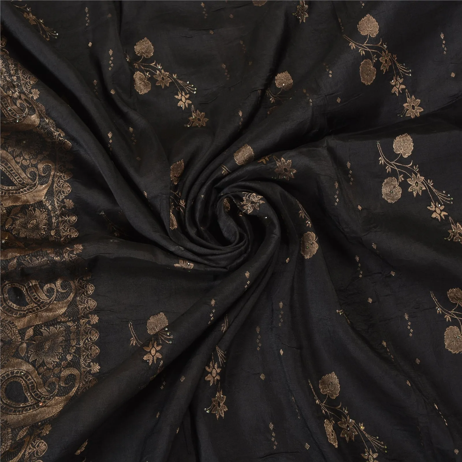 Sanskriti Vintage Sarees 100% Pure Silk Black Woven Brocade/Banarasi Sari Fabric