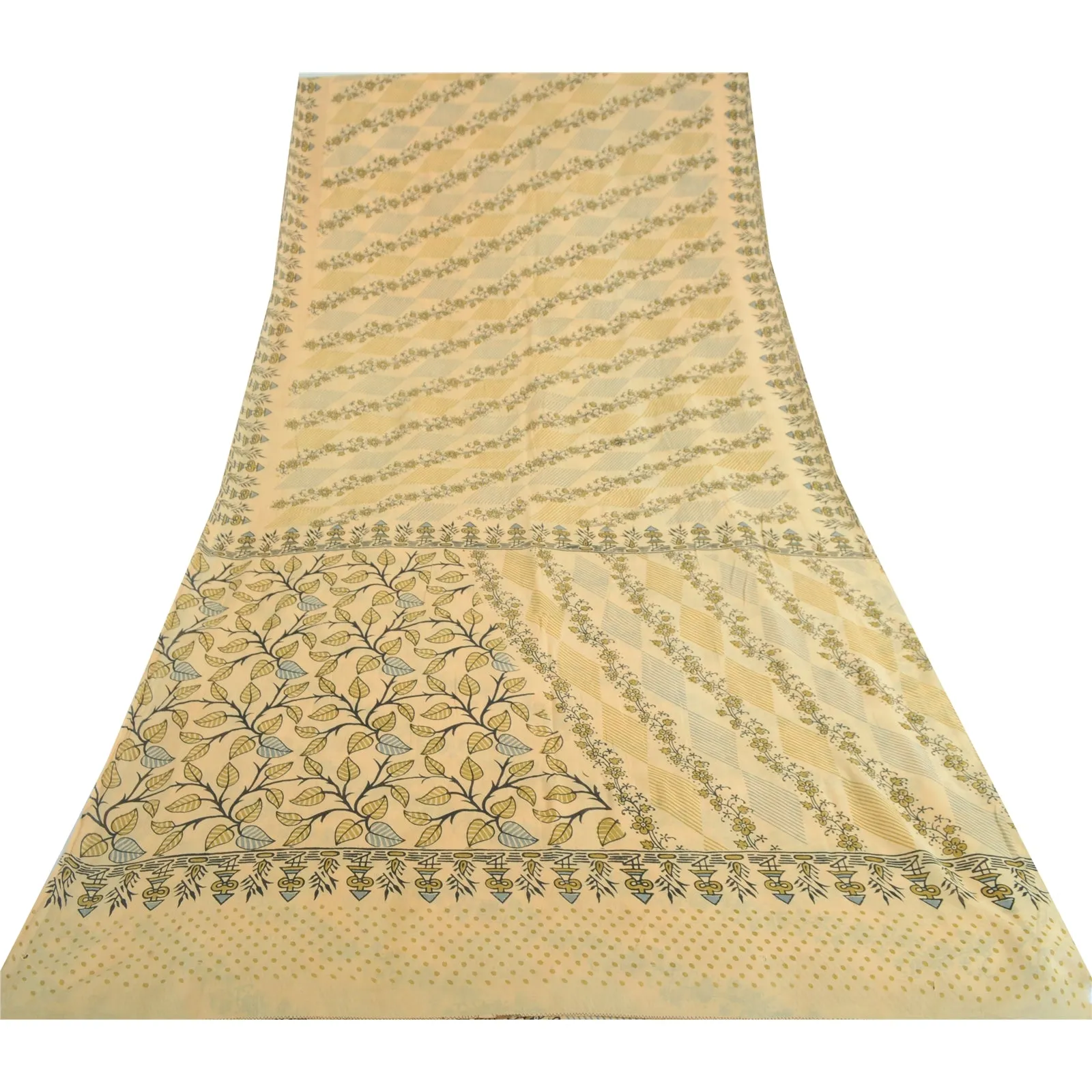 Sanskriti Vintage Sarees Beige Indian Pure Cotton Printed Sari 5yd Craft Fabric