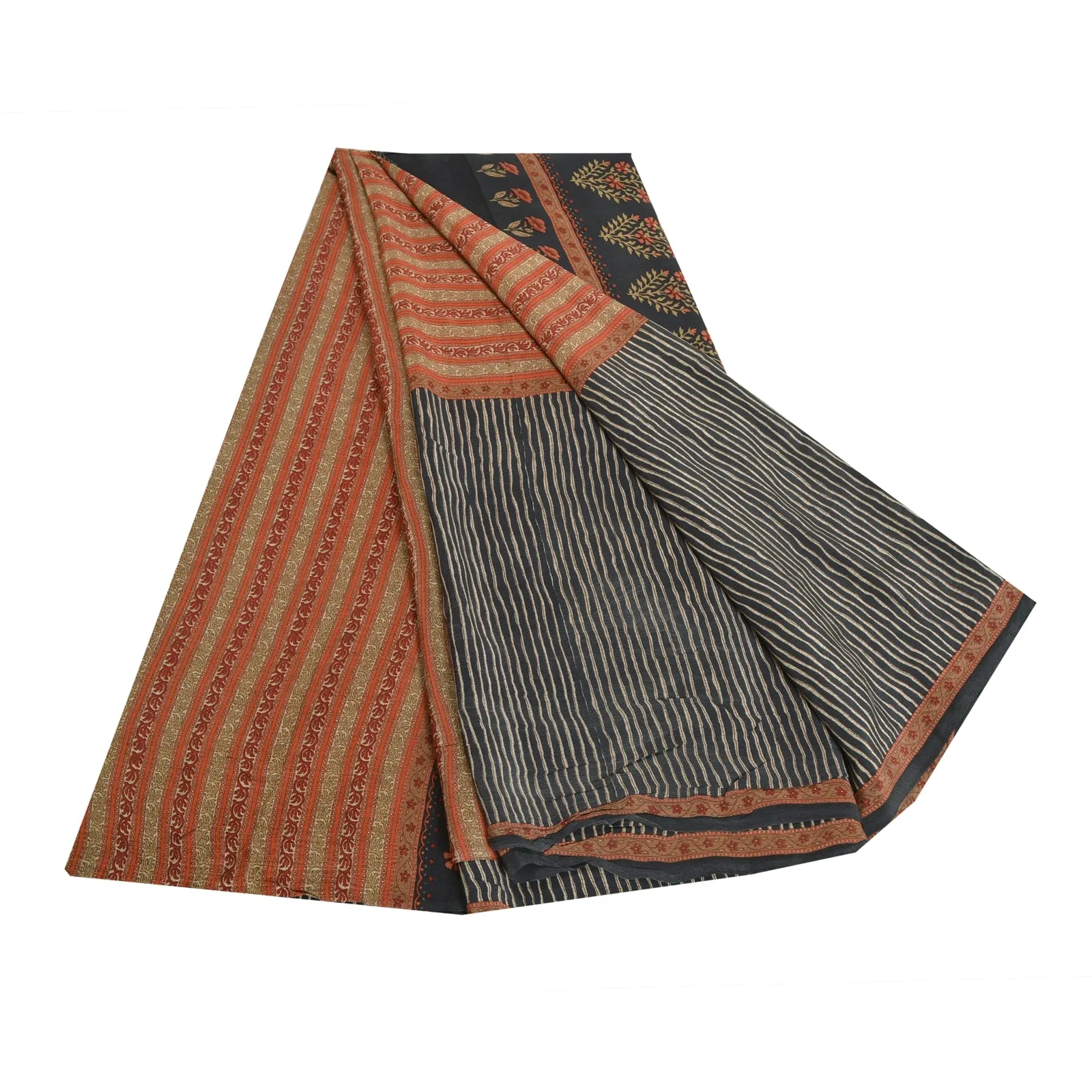 Sanskriti Vintage Sarees Black/Orange Pure Crepe Silk Printed Sari Craft Fabric