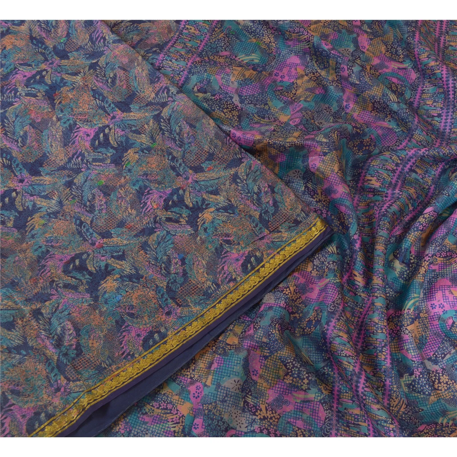 Sanskriti Vintage Sarees Blue Zari Border Pure Silk Printed Sari Craft Fabric