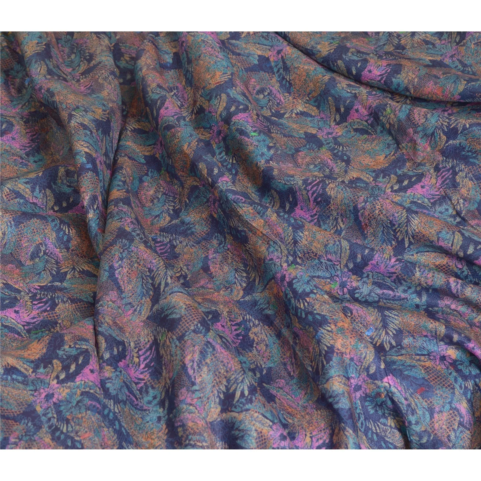 Sanskriti Vintage Sarees Blue Zari Border Pure Silk Printed Sari Craft Fabric