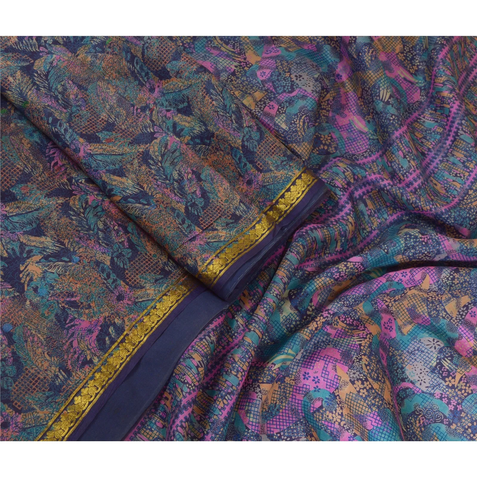 Sanskriti Vintage Sarees Blue Zari Border Pure Silk Printed Sari Craft Fabric