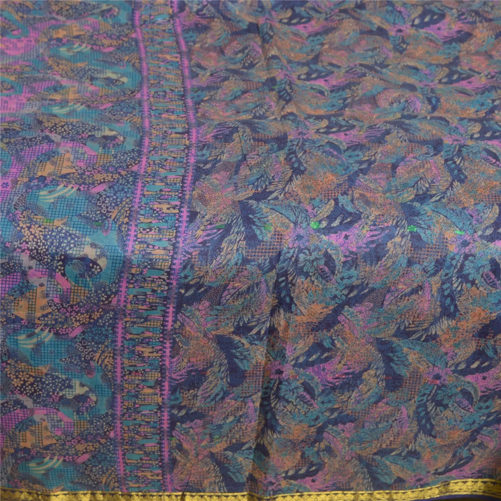 Sanskriti Vintage Sarees Blue Zari Border Pure Silk Printed Sari Craft Fabric