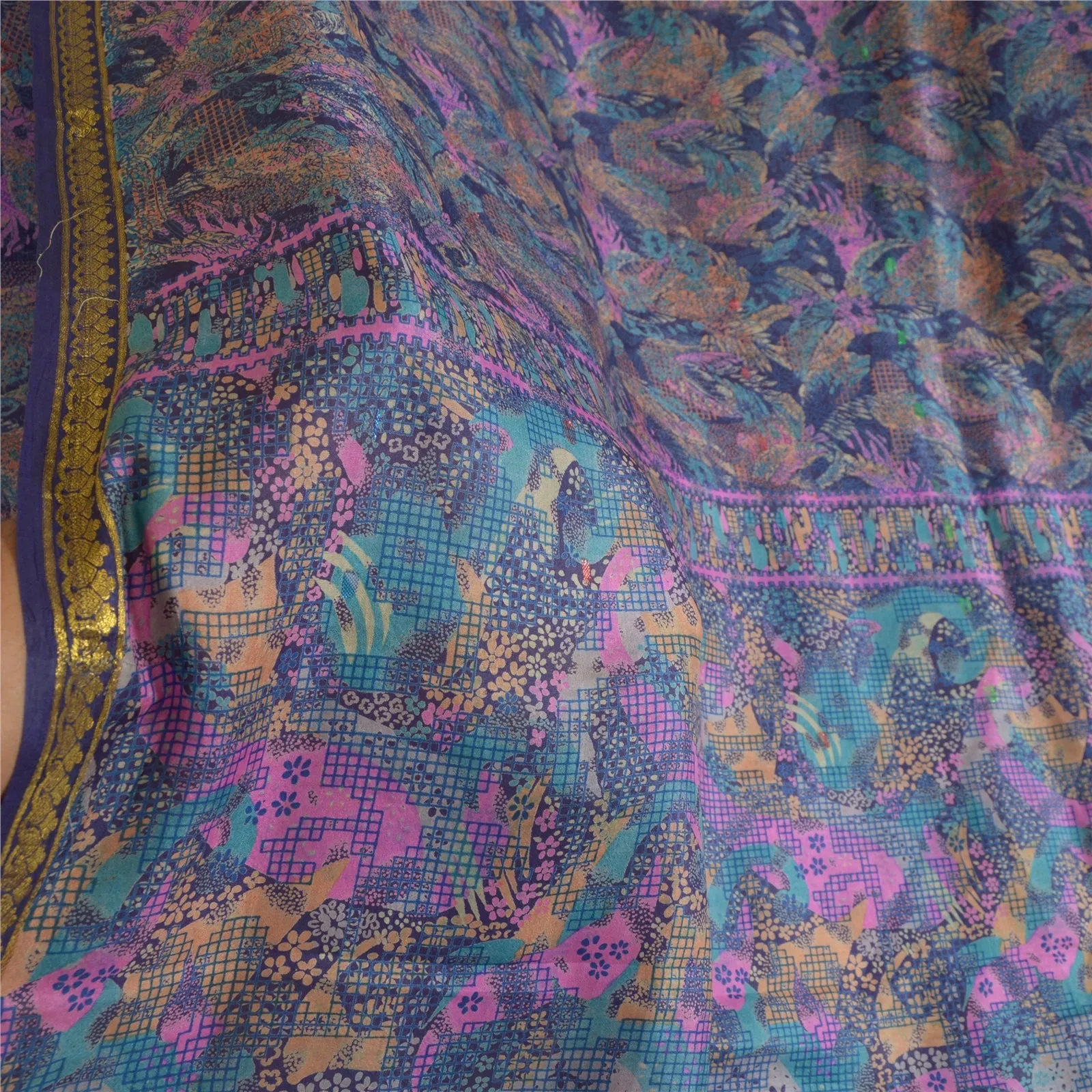 Sanskriti Vintage Sarees Blue Zari Border Pure Silk Printed Sari Craft Fabric