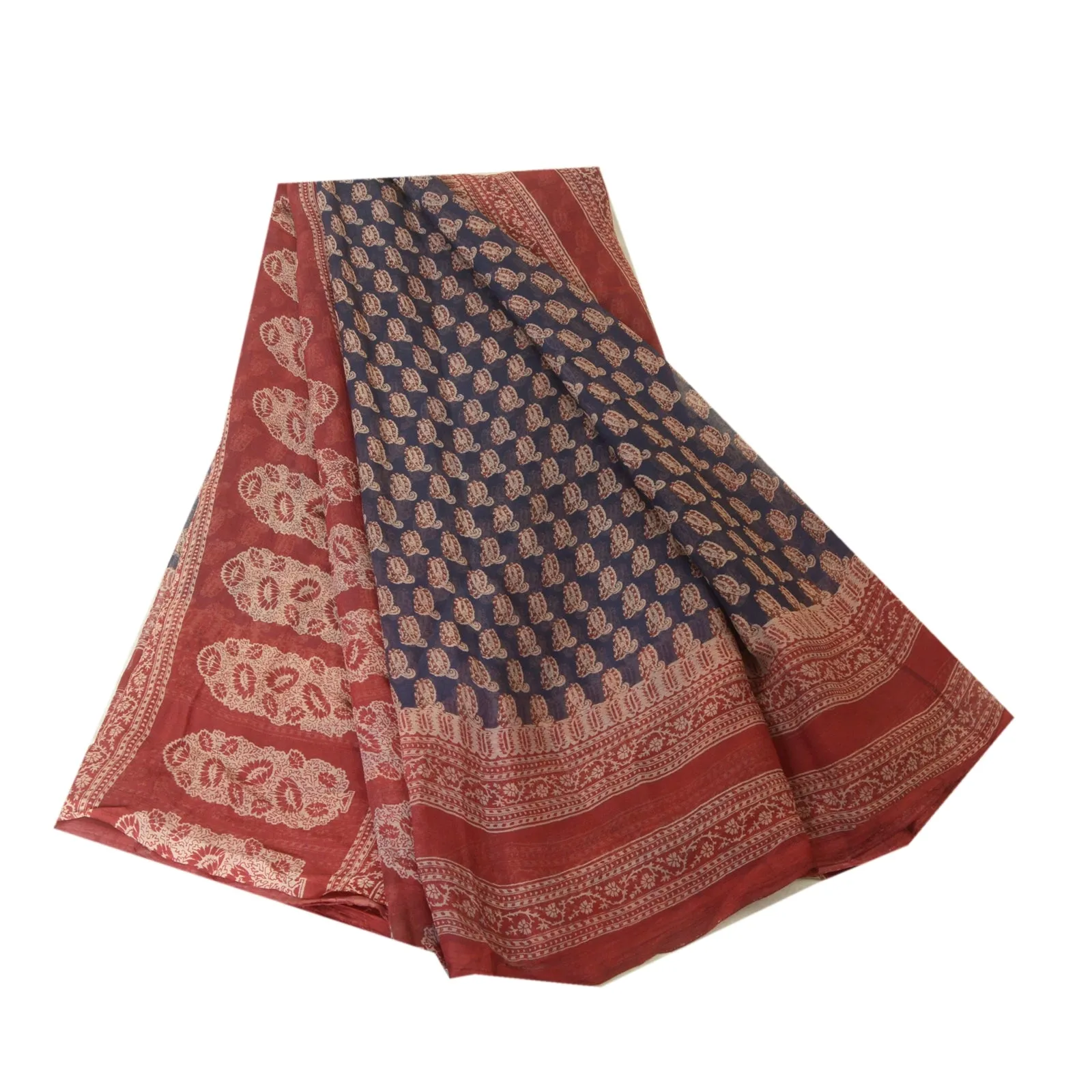 Sanskriti Vintage Sarees Blue/Red Pure Chiffon Silk Printed Sari Craft Fabric