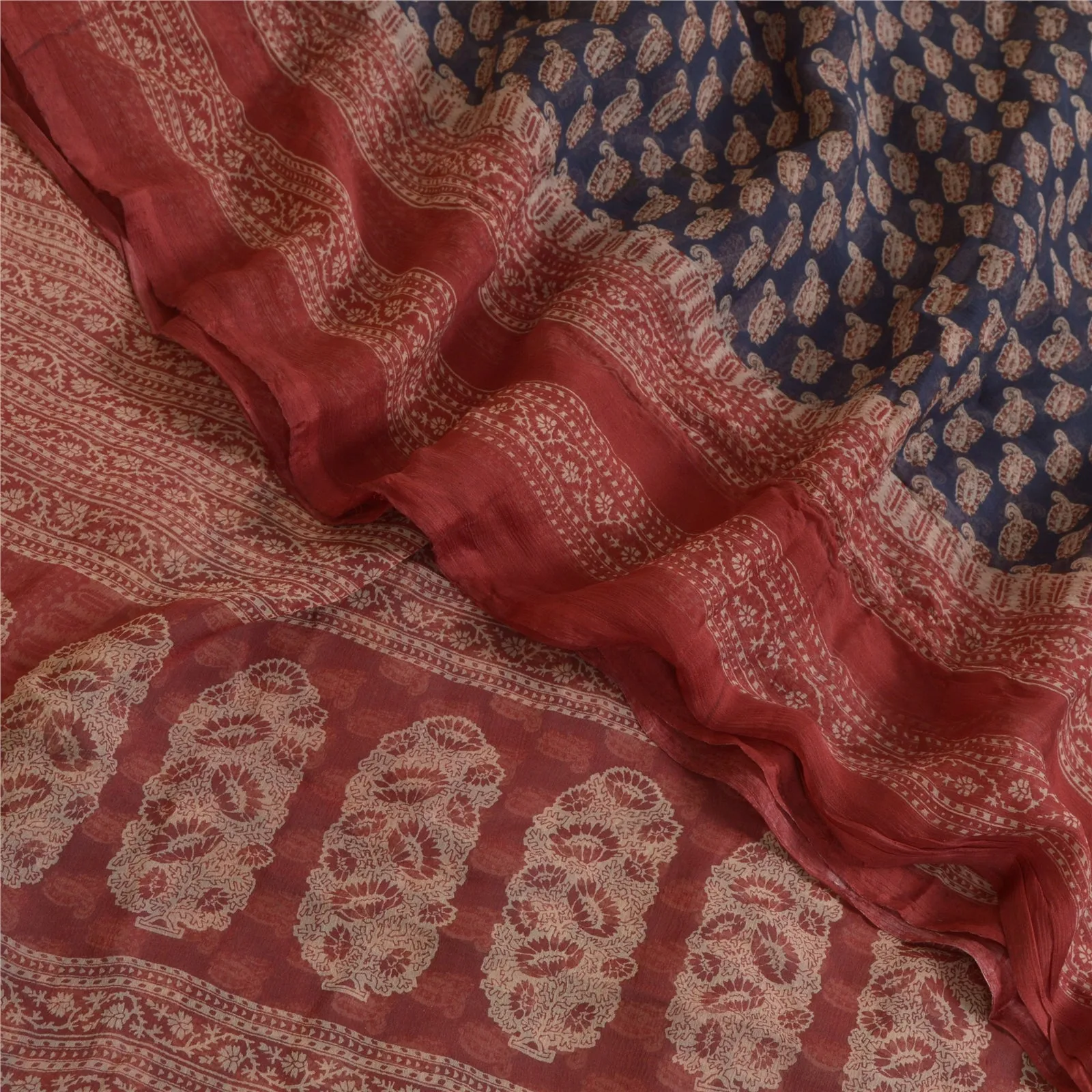 Sanskriti Vintage Sarees Blue/Red Pure Chiffon Silk Printed Sari Craft Fabric