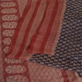 Sanskriti Vintage Sarees Blue/Red Pure Chiffon Silk Printed Sari Craft Fabric