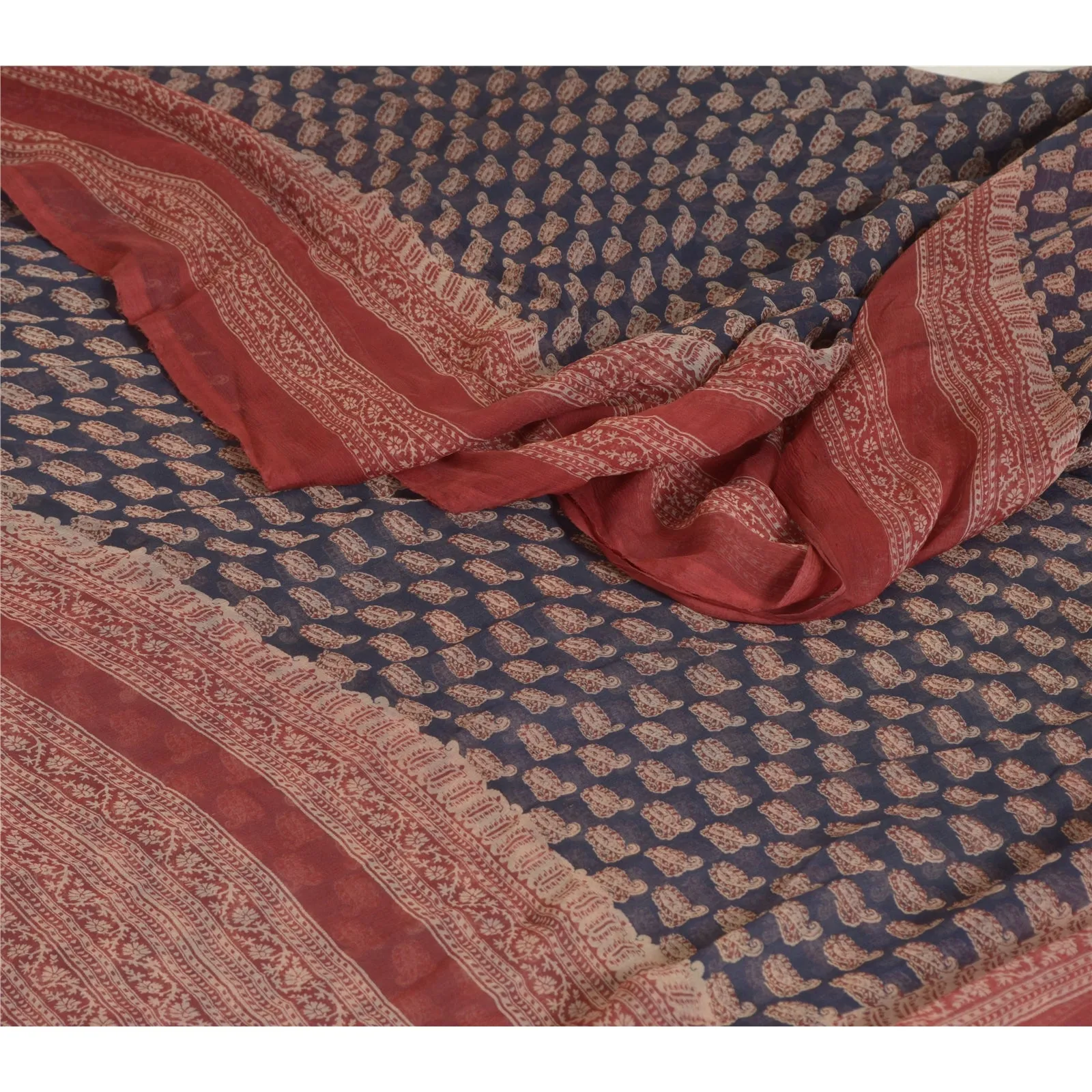 Sanskriti Vintage Sarees Blue/Red Pure Chiffon Silk Printed Sari Craft Fabric