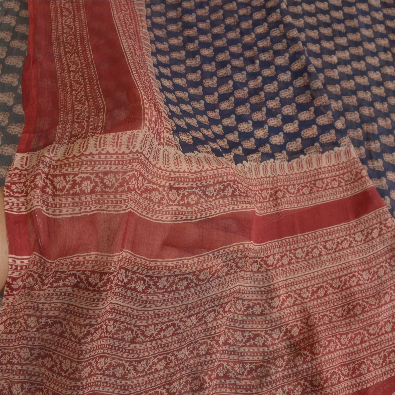 Sanskriti Vintage Sarees Blue/Red Pure Chiffon Silk Printed Sari Craft Fabric