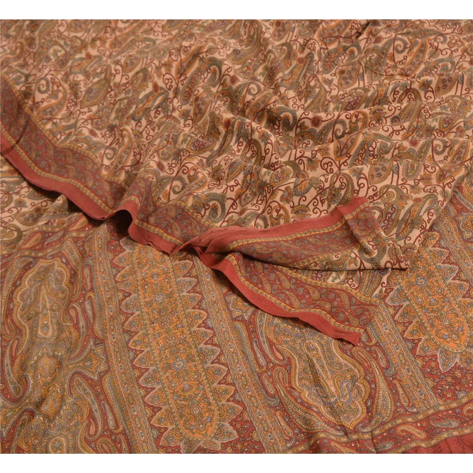 Sanskriti Vintage Sarees Cream 100% Pure Crepe Silk Printed Sari Craft Fabric