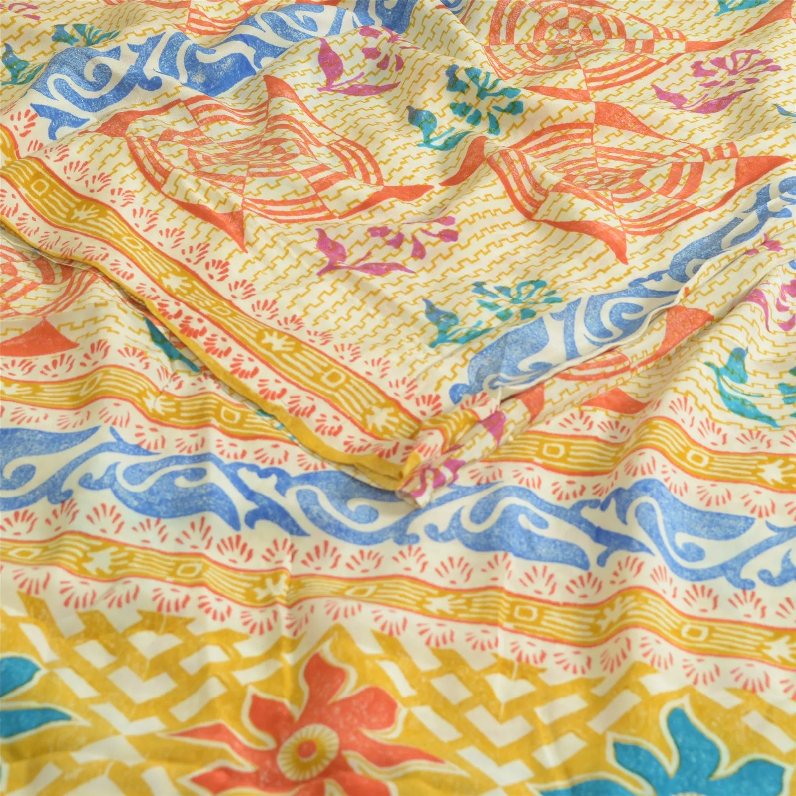 Sanskriti Vintage Sarees Cream Indian Pure Crepe Silk Printed Sari Craft Fabric