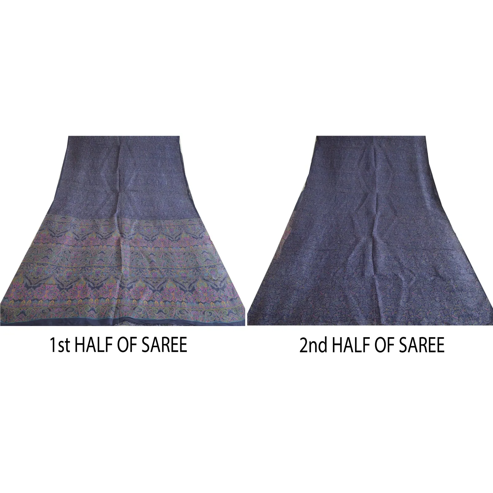 Sanskriti Vintage Sarees Dark-Blue 100% Pure Silk Printed Sari 5yd Craft Fabric