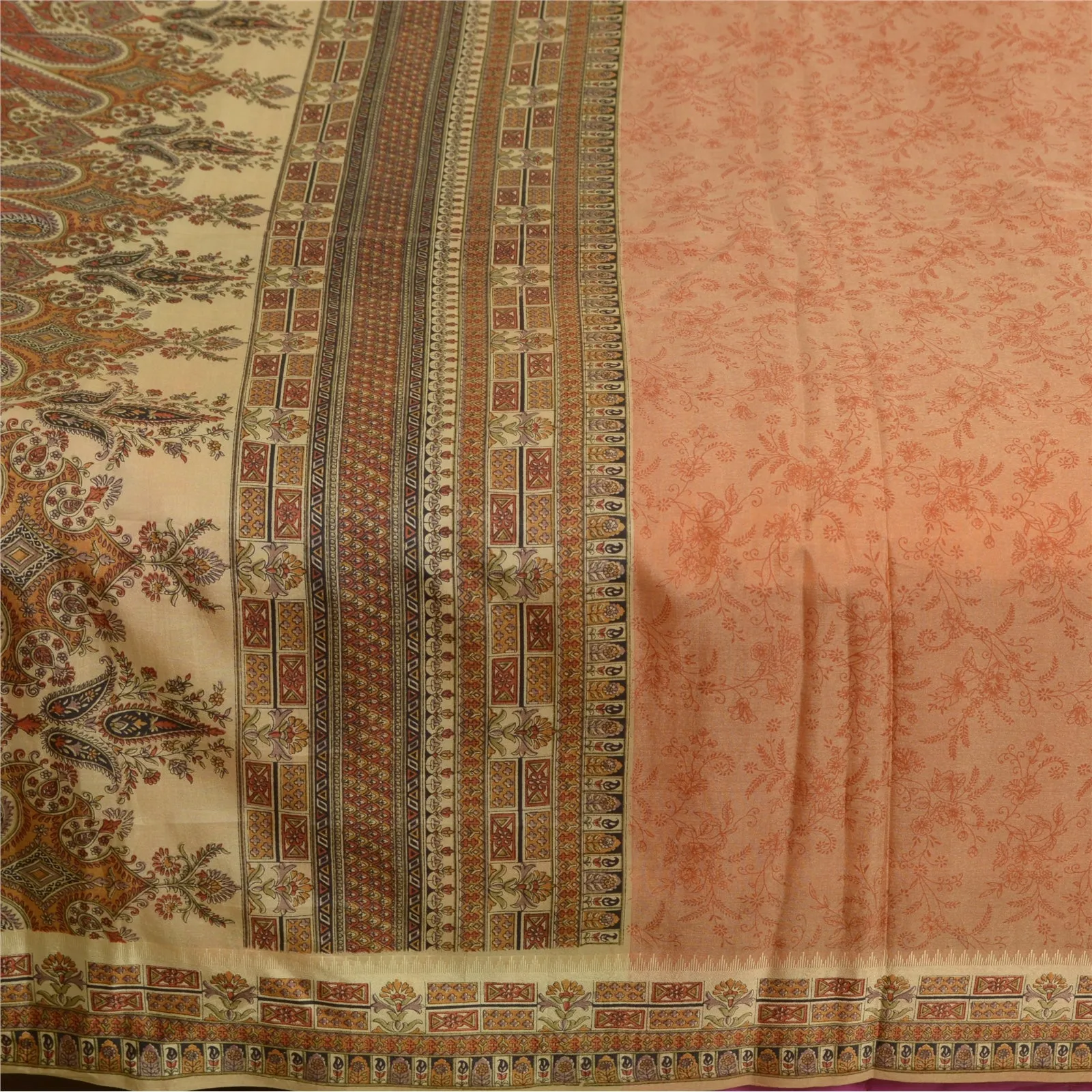 Sanskriti Vintage Sarees Dark-Peach 100% Pure Silk Printed Sari Craft Fabric