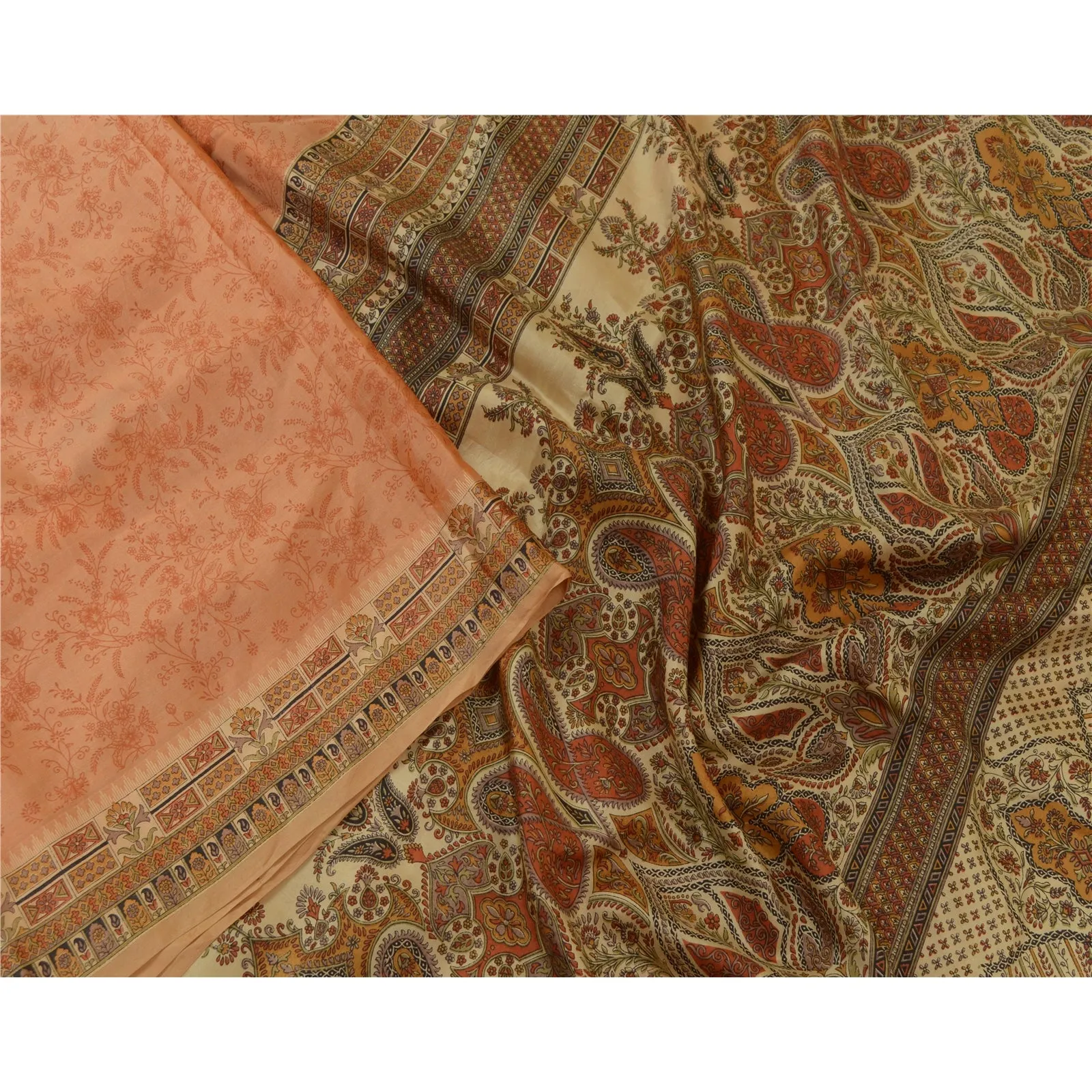 Sanskriti Vintage Sarees Dark-Peach 100% Pure Silk Printed Sari Craft Fabric