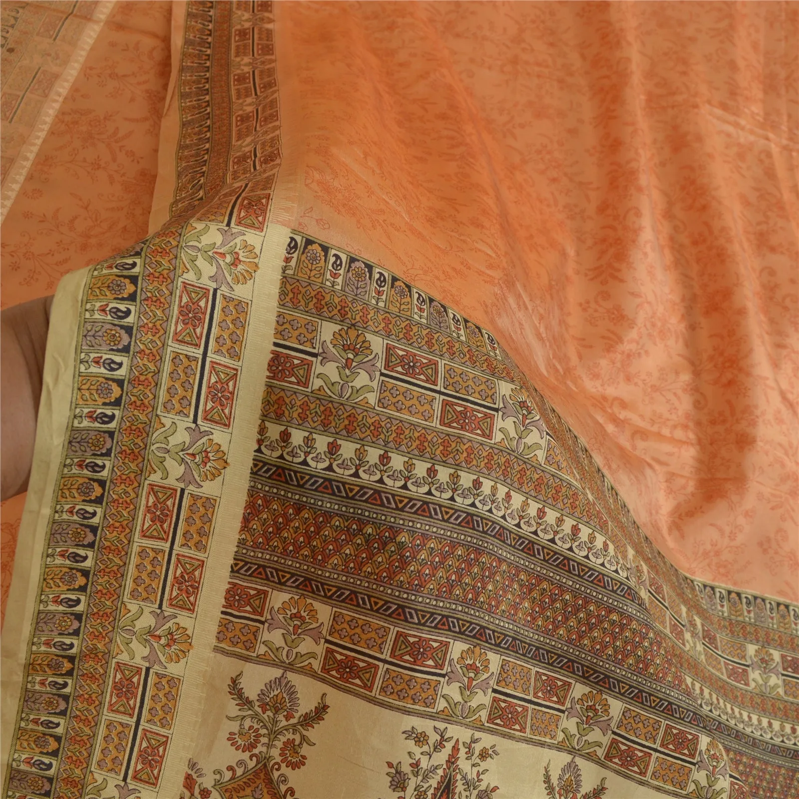 Sanskriti Vintage Sarees Dark-Peach 100% Pure Silk Printed Sari Craft Fabric