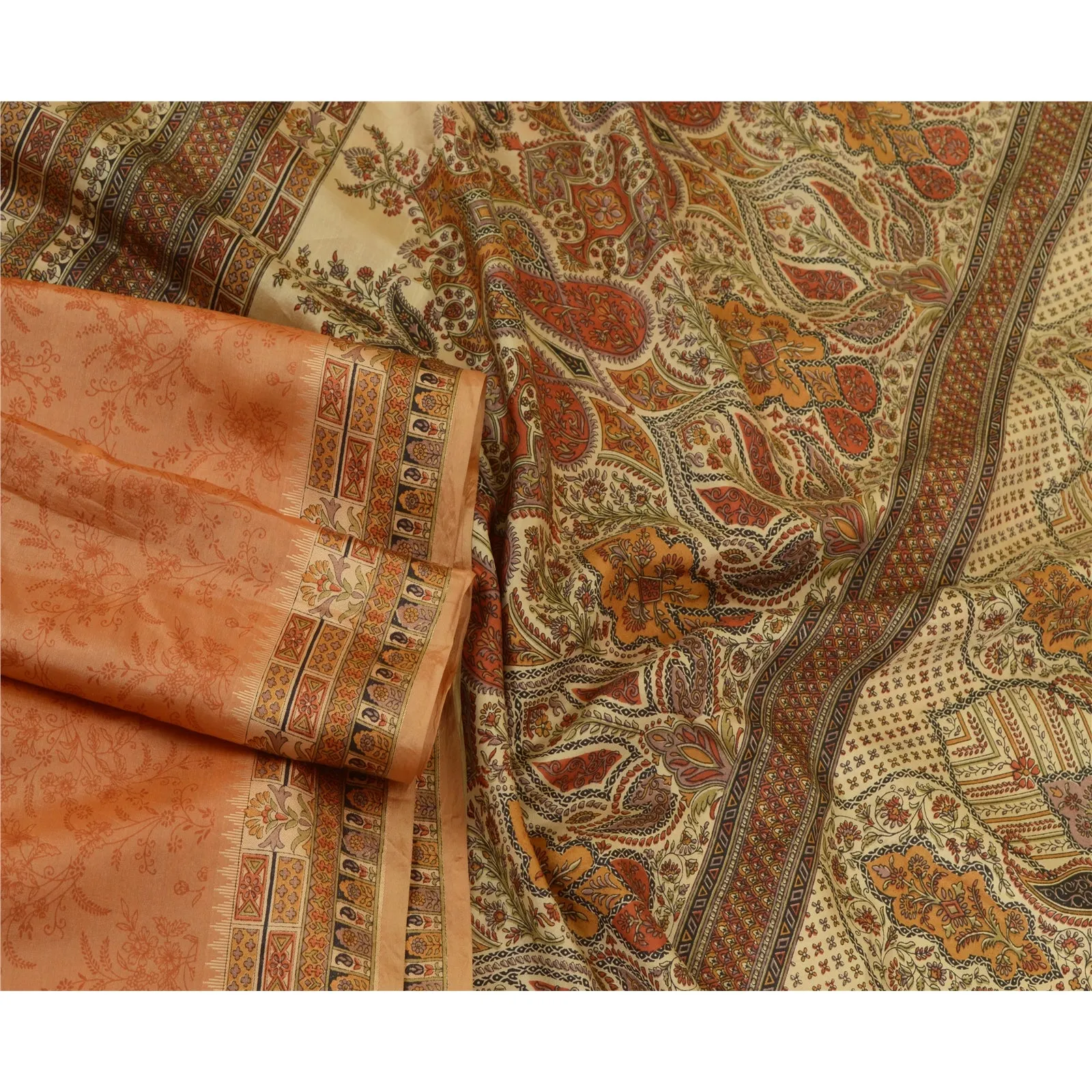 Sanskriti Vintage Sarees Dark-Peach 100% Pure Silk Printed Sari Craft Fabric