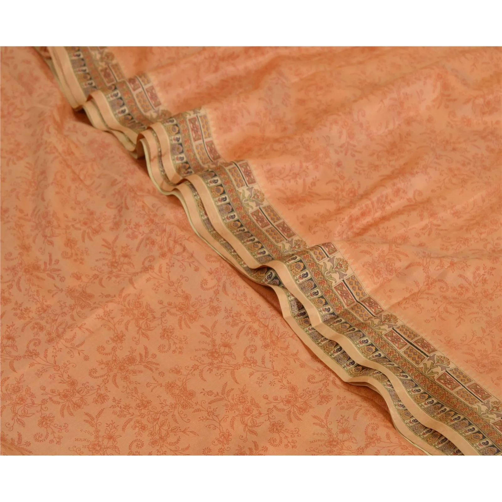 Sanskriti Vintage Sarees Dark-Peach 100% Pure Silk Printed Sari Craft Fabric