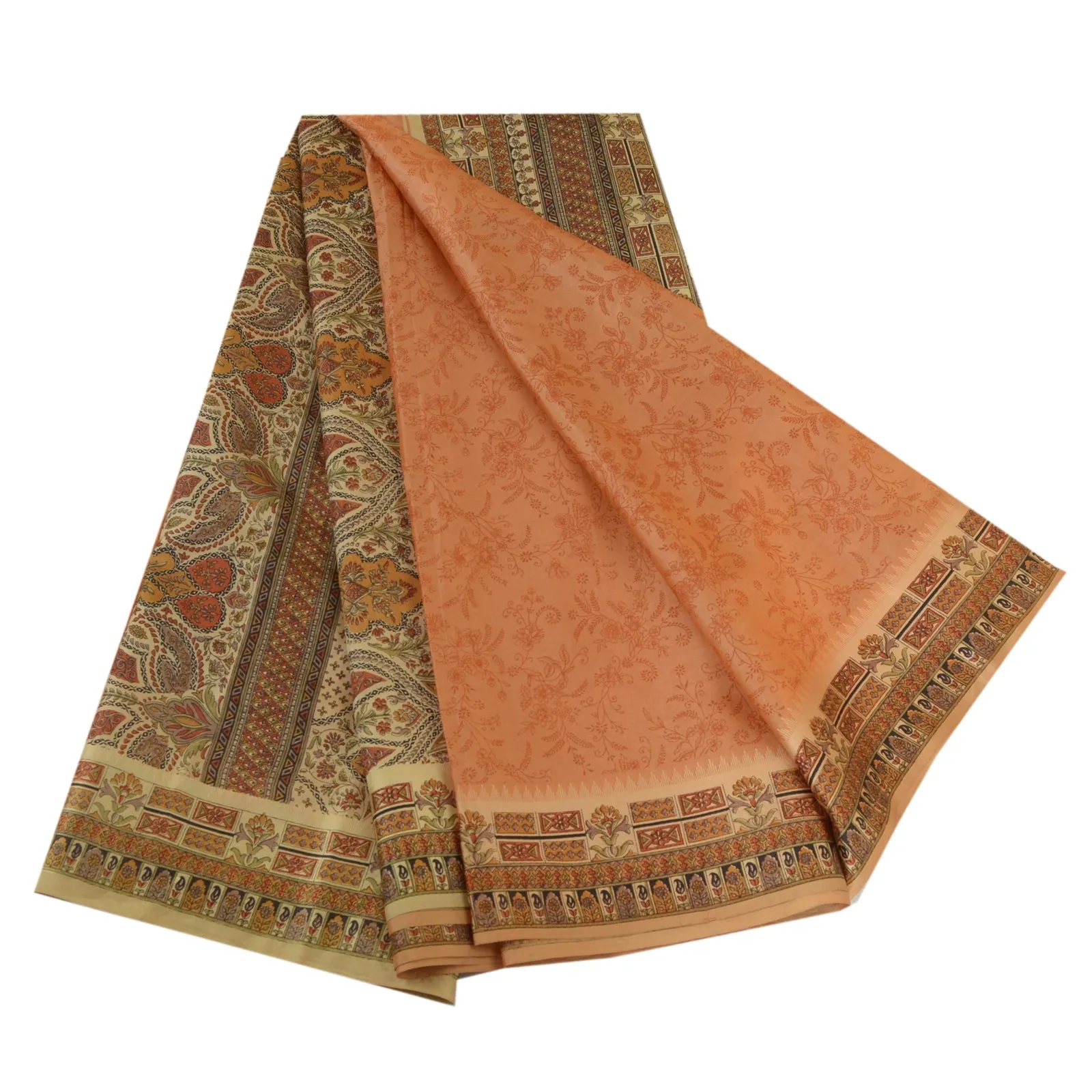 Sanskriti Vintage Sarees Dark-Peach 100% Pure Silk Printed Sari Craft Fabric