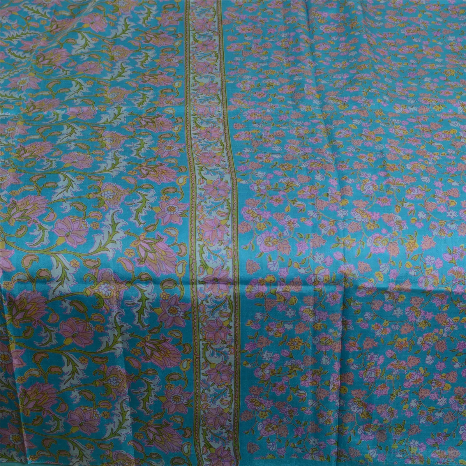 Sanskriti Vintage Sarees From India Blue Printed Pure Silk Sari 5yd Craft Fabric