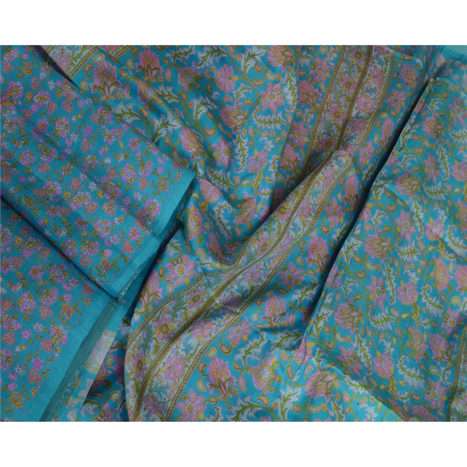 Sanskriti Vintage Sarees From India Blue Printed Pure Silk Sari 5yd Craft Fabric