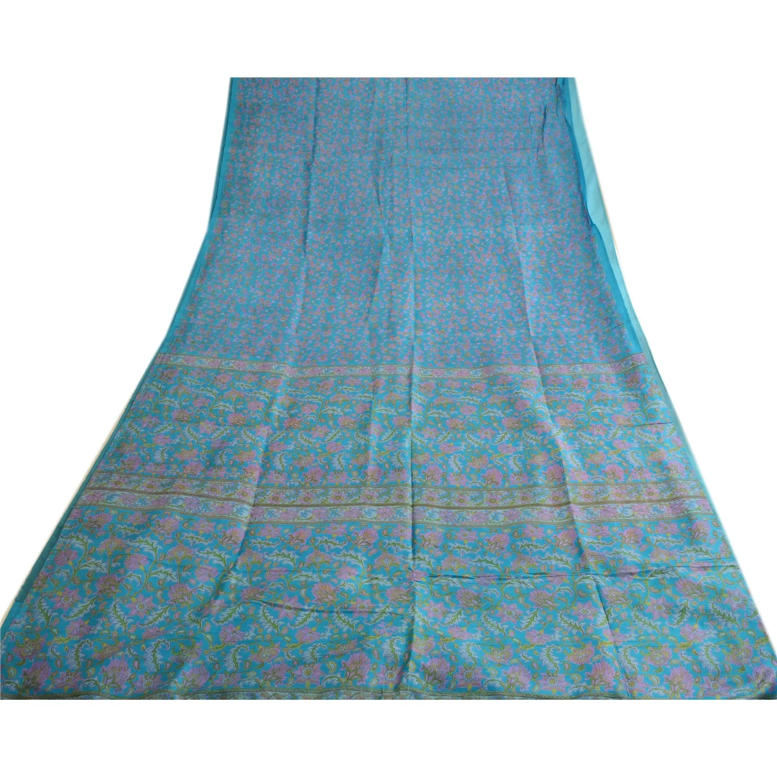 Sanskriti Vintage Sarees From India Blue Printed Pure Silk Sari 5yd Craft Fabric