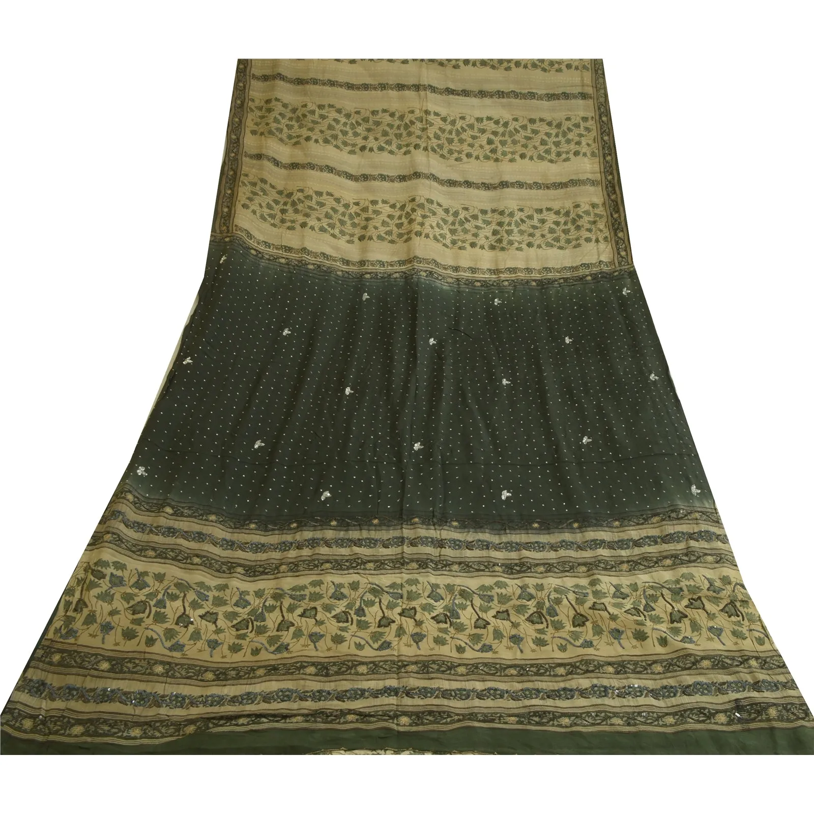 Sanskriti Vintage Sarees Green Hand Beaded Pure Crepe Silk Printed Sari Fabric