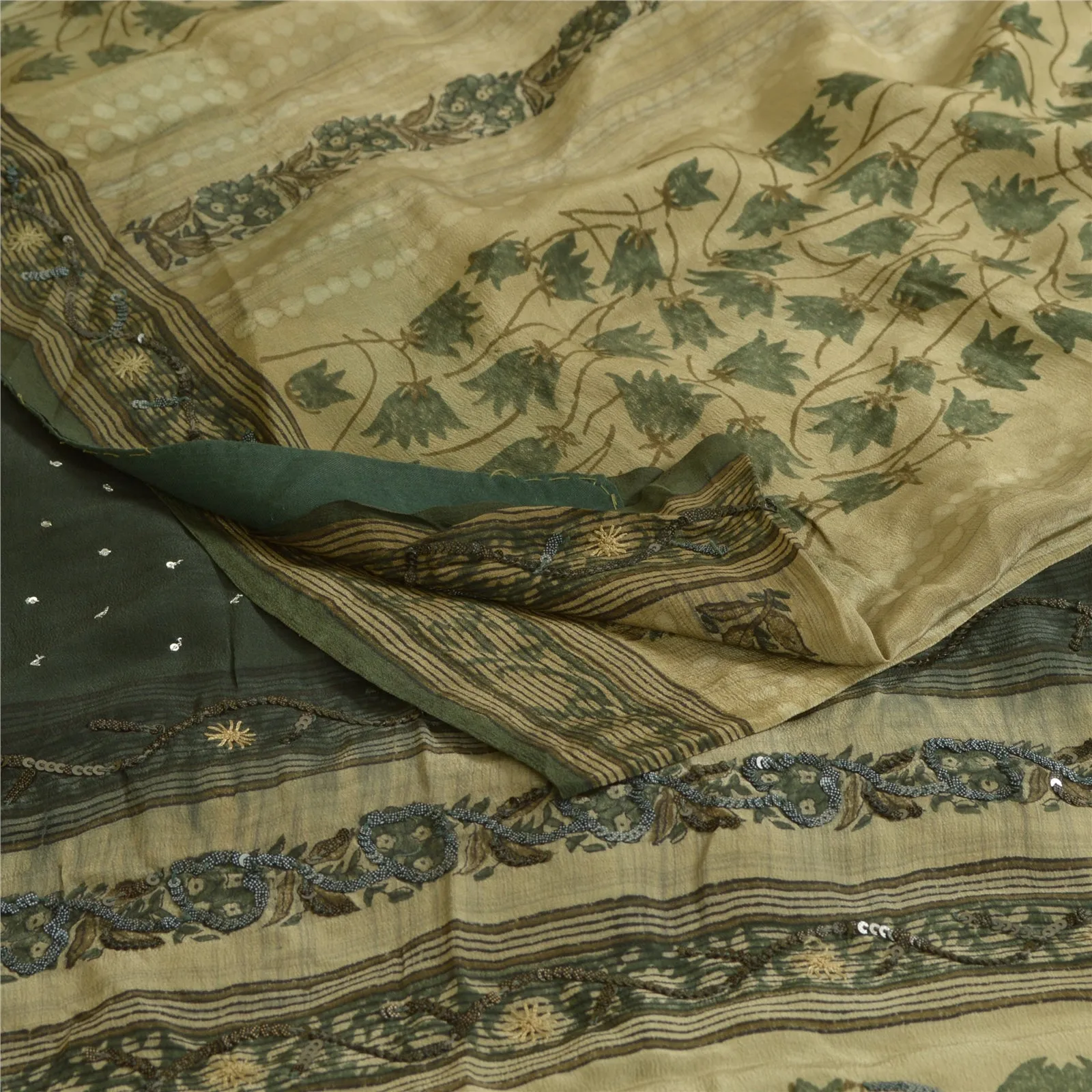 Sanskriti Vintage Sarees Green Hand Beaded Pure Crepe Silk Printed Sari Fabric