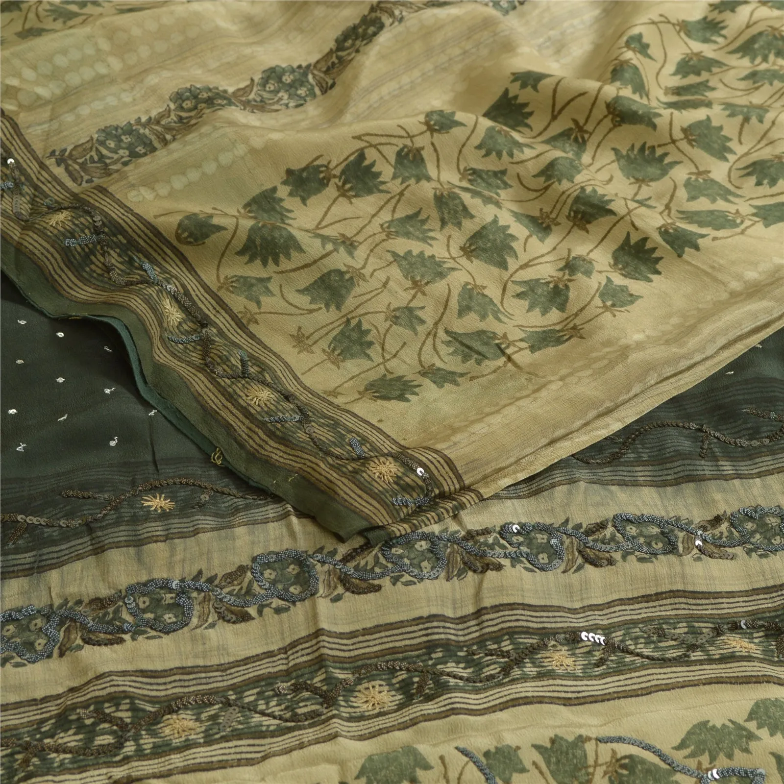 Sanskriti Vintage Sarees Green Hand Beaded Pure Crepe Silk Printed Sari Fabric