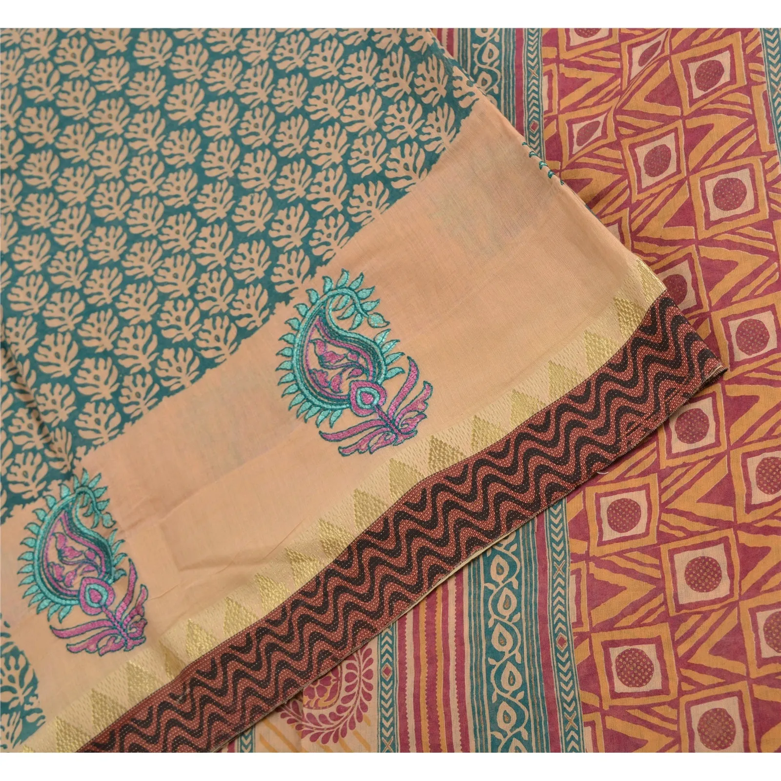 Sanskriti Vintage Sarees Green Hand Block Printed Pure Cotton Sari Craft Fabric