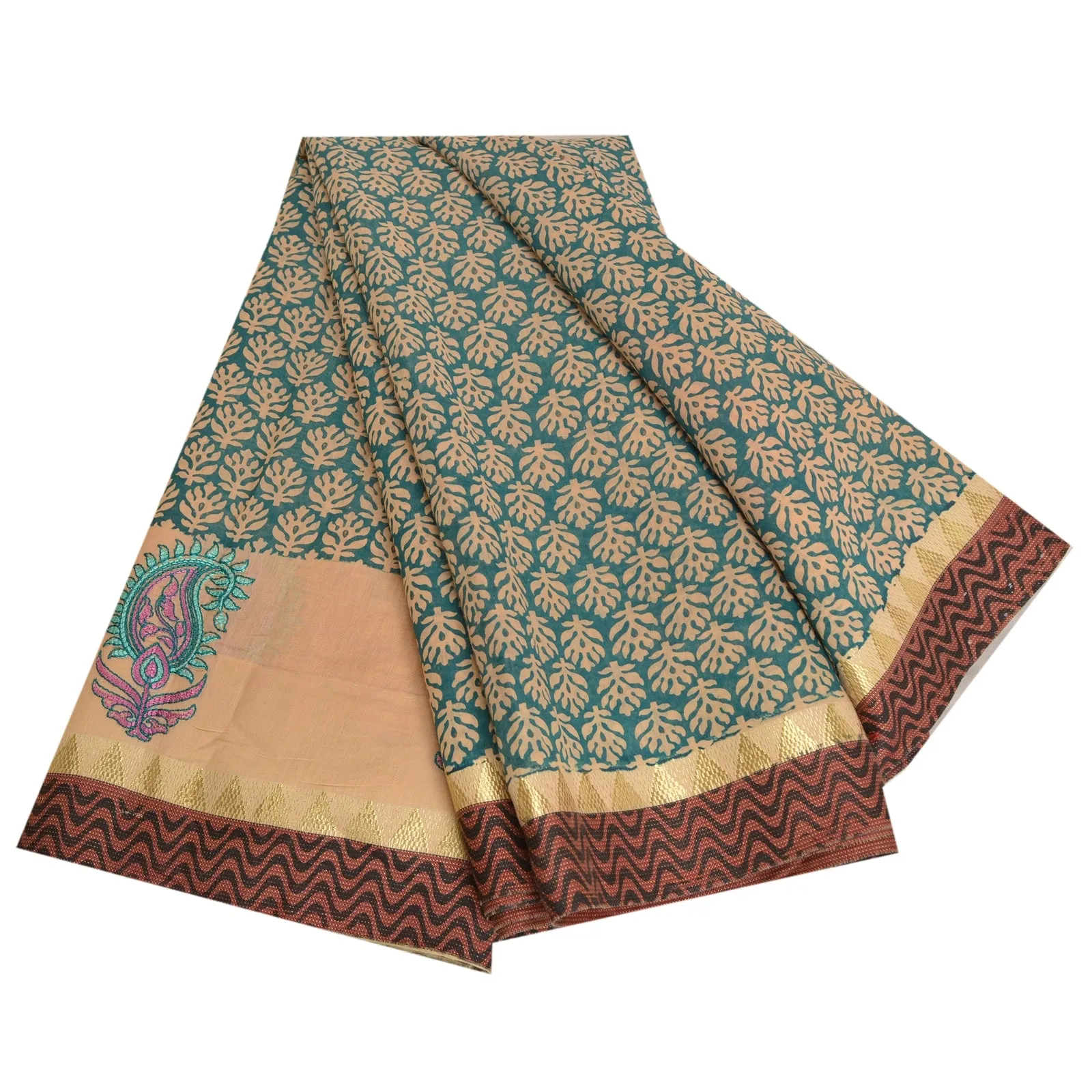 Sanskriti Vintage Sarees Green Hand Block Printed Pure Cotton Sari Craft Fabric