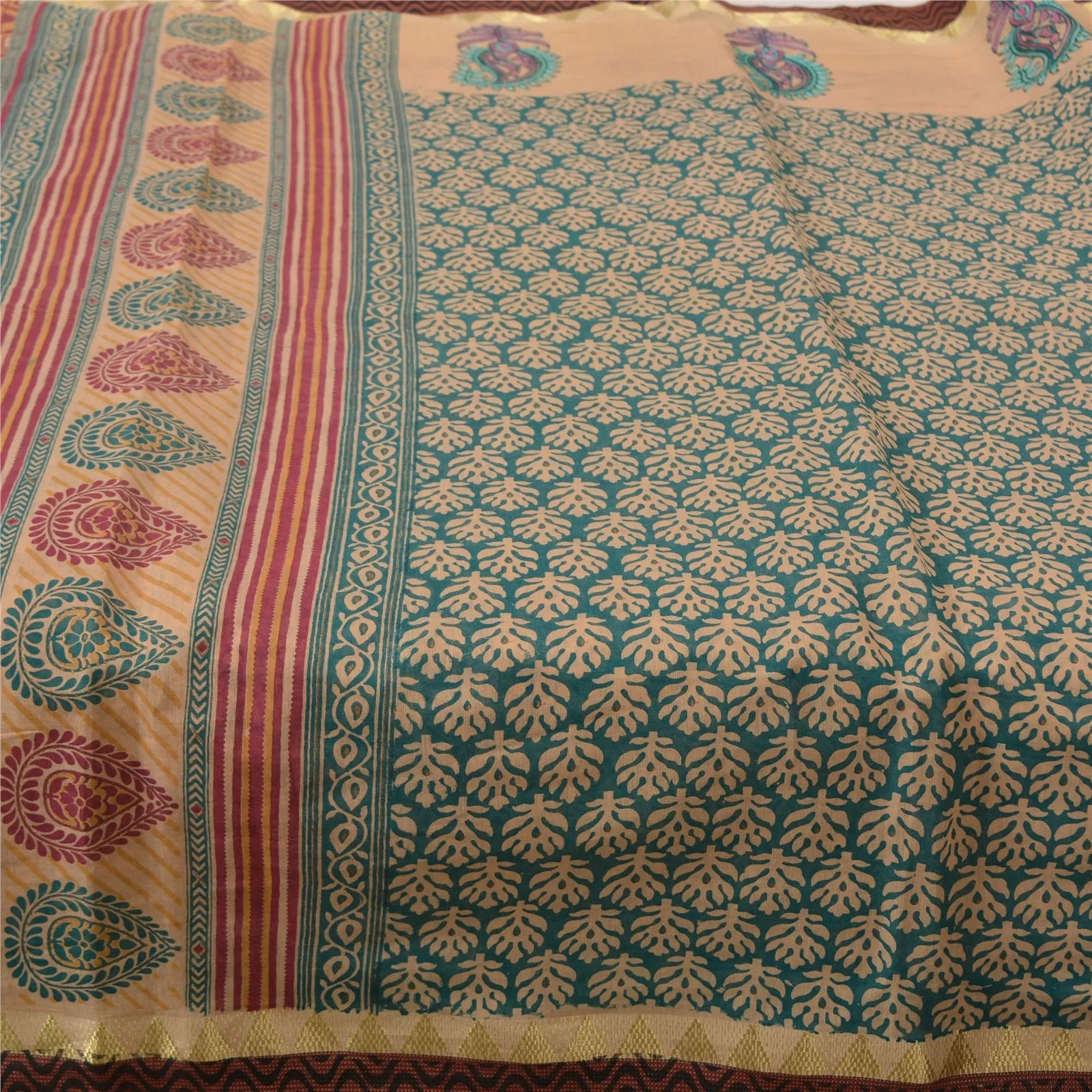 Sanskriti Vintage Sarees Green Hand Block Printed Pure Cotton Sari Craft Fabric