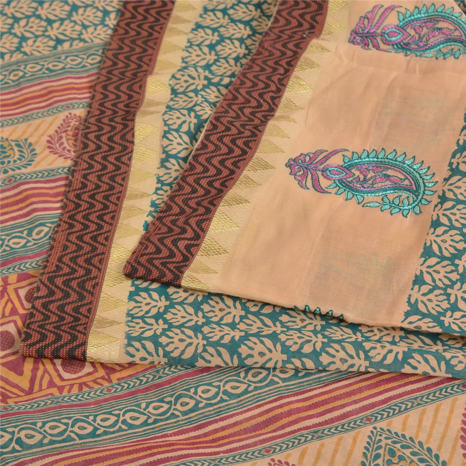 Sanskriti Vintage Sarees Green Hand Block Printed Pure Cotton Sari Craft Fabric