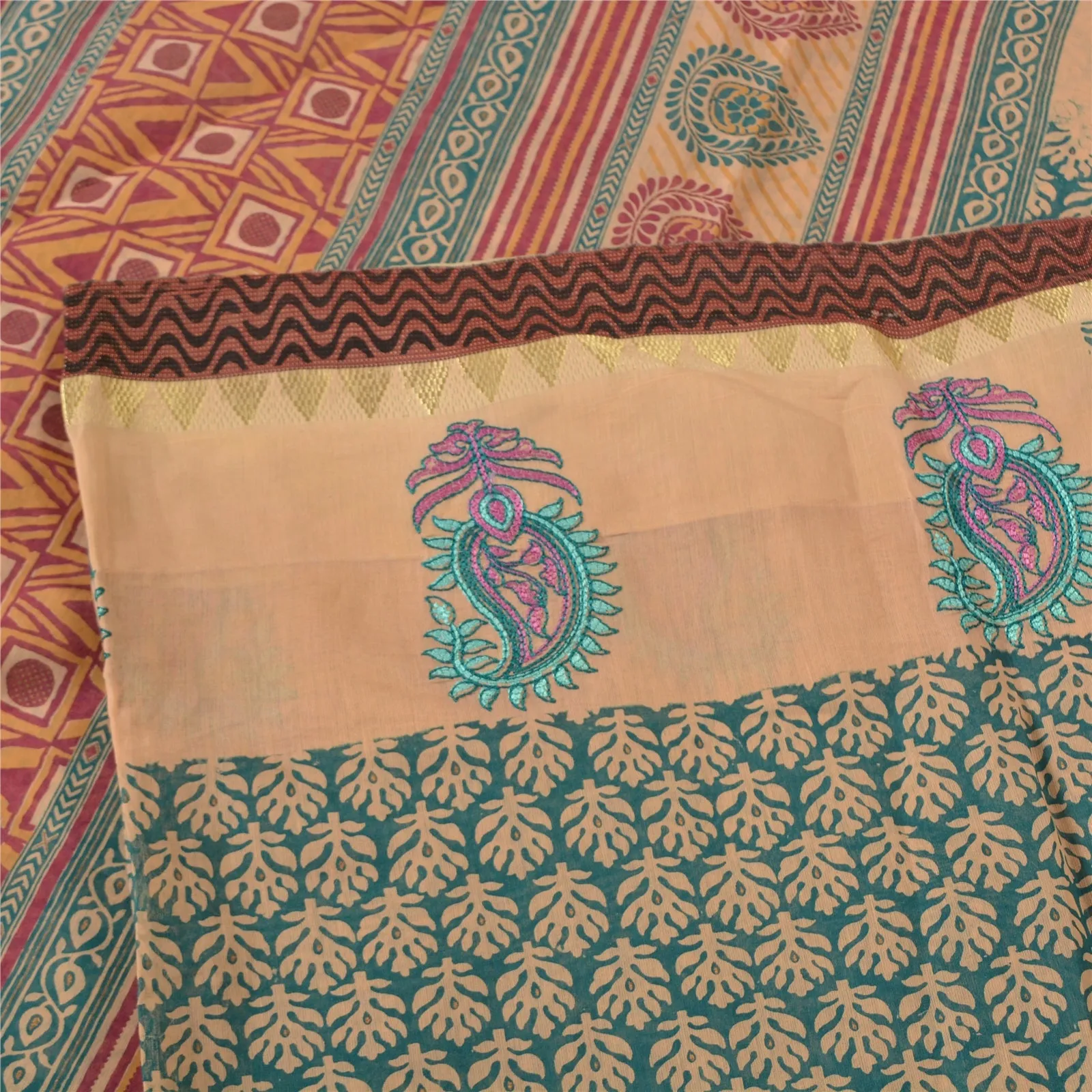 Sanskriti Vintage Sarees Green Hand Block Printed Pure Cotton Sari Craft Fabric