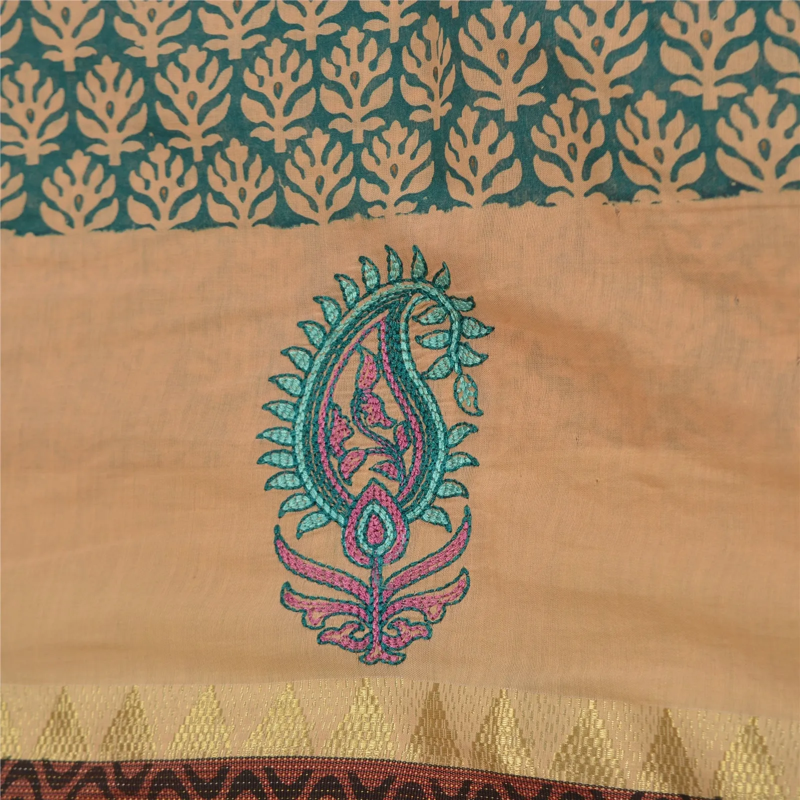 Sanskriti Vintage Sarees Green Hand Block Printed Pure Cotton Sari Craft Fabric