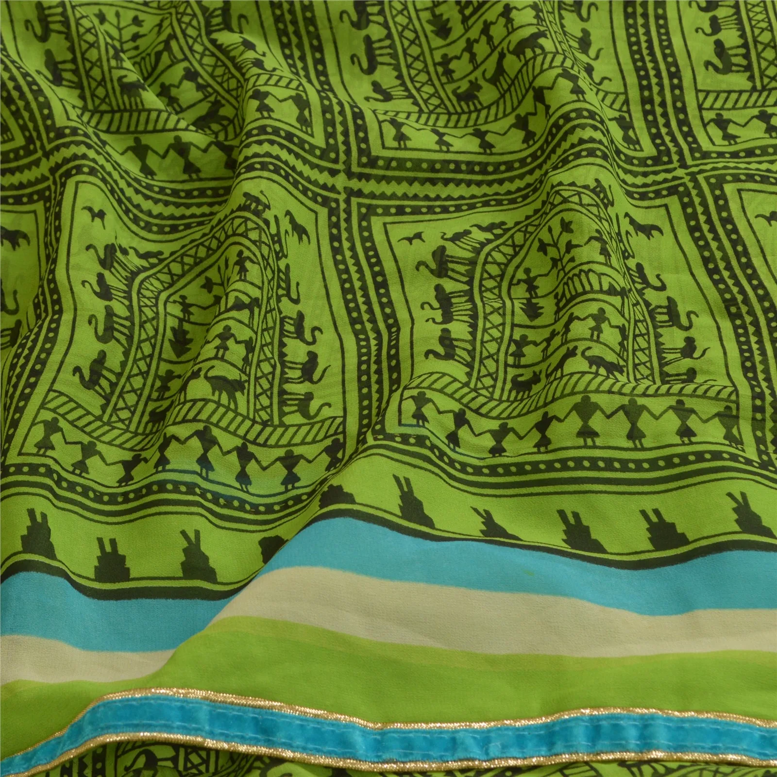 Sanskriti Vintage Sarees Green Warli Art Printed Georgette Sari 5yd Craft Fabric