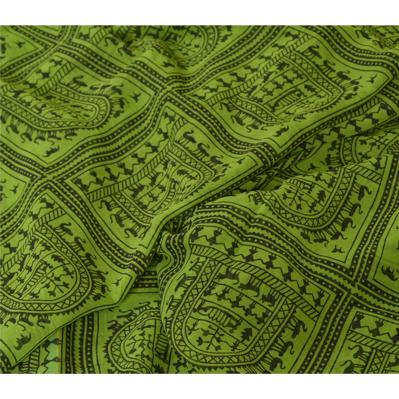 Sanskriti Vintage Sarees Green Warli Art Printed Georgette Sari 5yd Craft Fabric