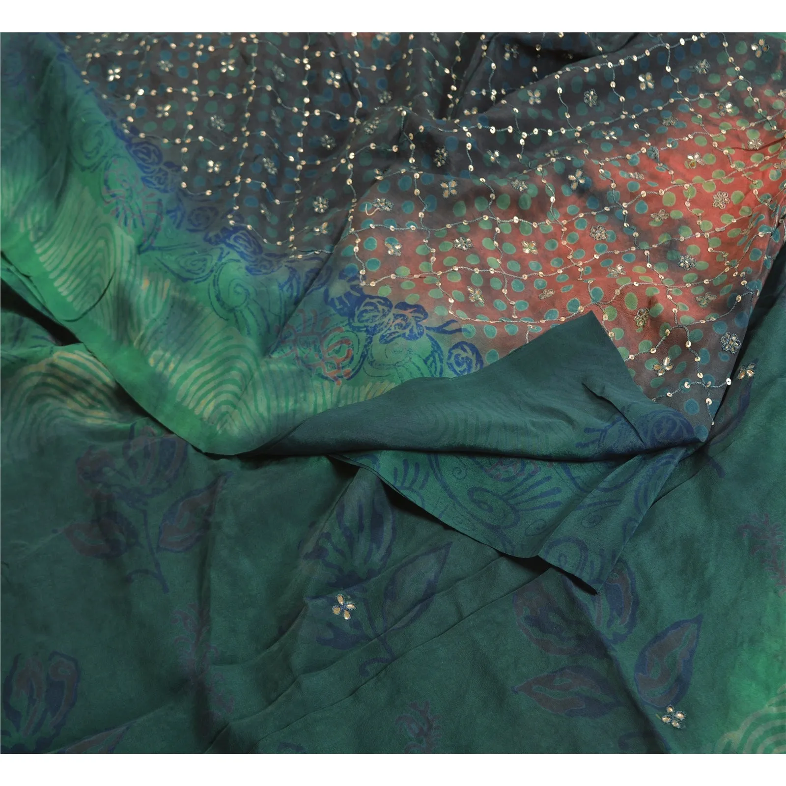 Sanskriti Vintage Sarees Green/Pink Tie-Dye Hand Beaded Pure Crepe Sari Fabric