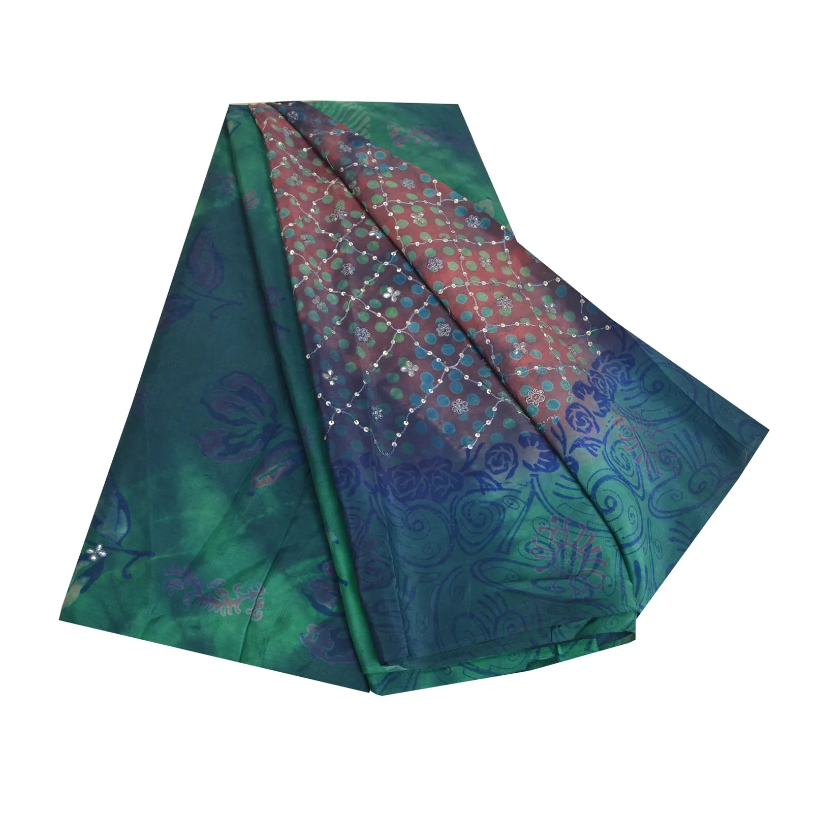 Sanskriti Vintage Sarees Green/Pink Tie-Dye Hand Beaded Pure Crepe Sari Fabric