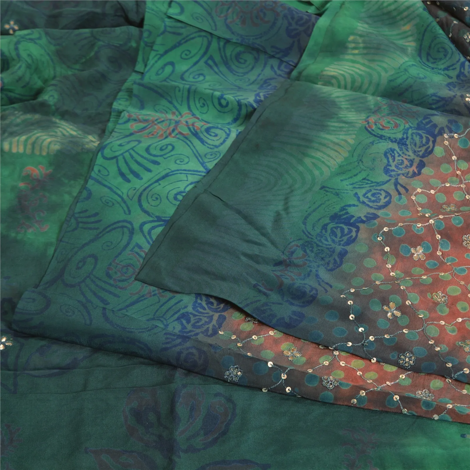 Sanskriti Vintage Sarees Green/Pink Tie-Dye Hand Beaded Pure Crepe Sari Fabric