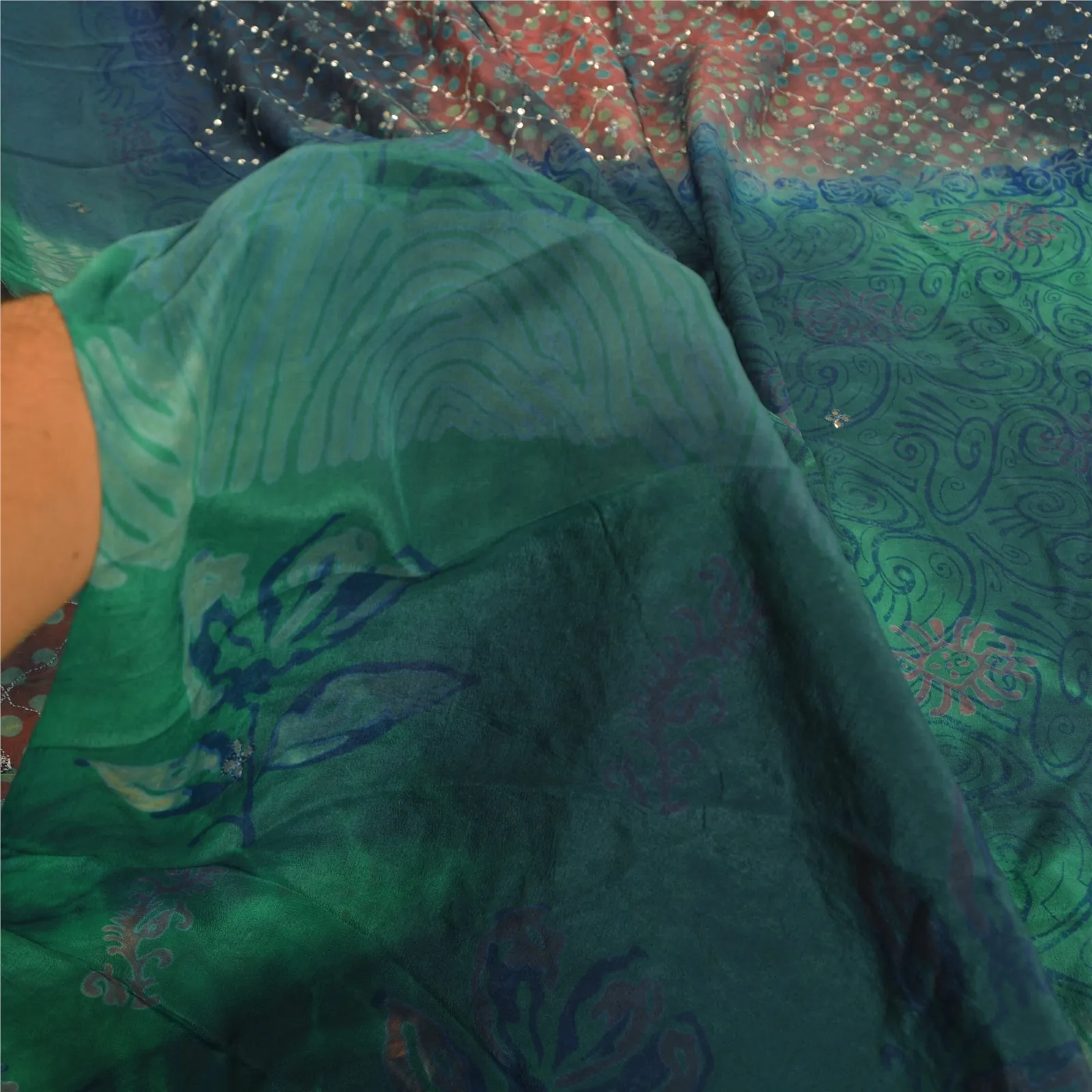 Sanskriti Vintage Sarees Green/Pink Tie-Dye Hand Beaded Pure Crepe Sari Fabric