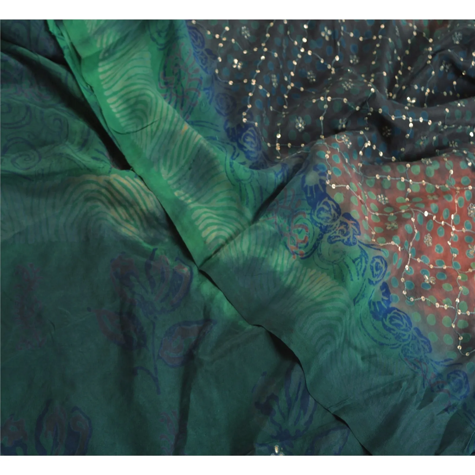 Sanskriti Vintage Sarees Green/Pink Tie-Dye Hand Beaded Pure Crepe Sari Fabric