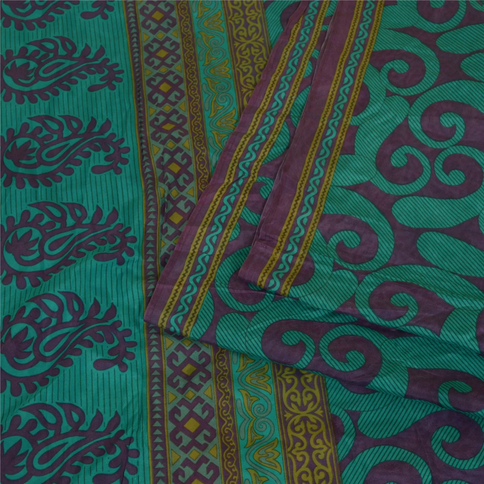 Sanskriti Vintage Sarees Green/Purple Pure Silk Printed Sari Soft Craft Fabric