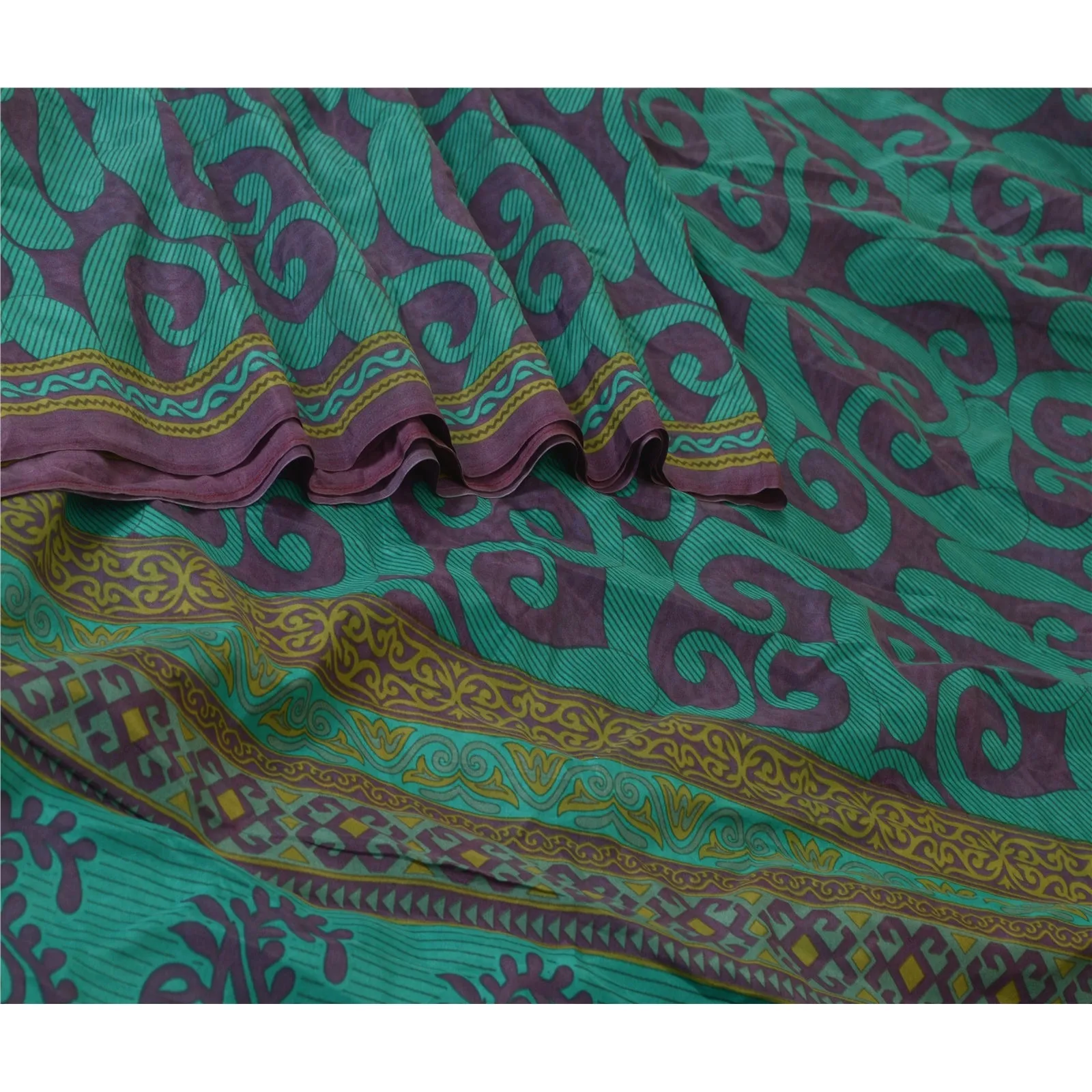 Sanskriti Vintage Sarees Green/Purple Pure Silk Printed Sari Soft Craft Fabric