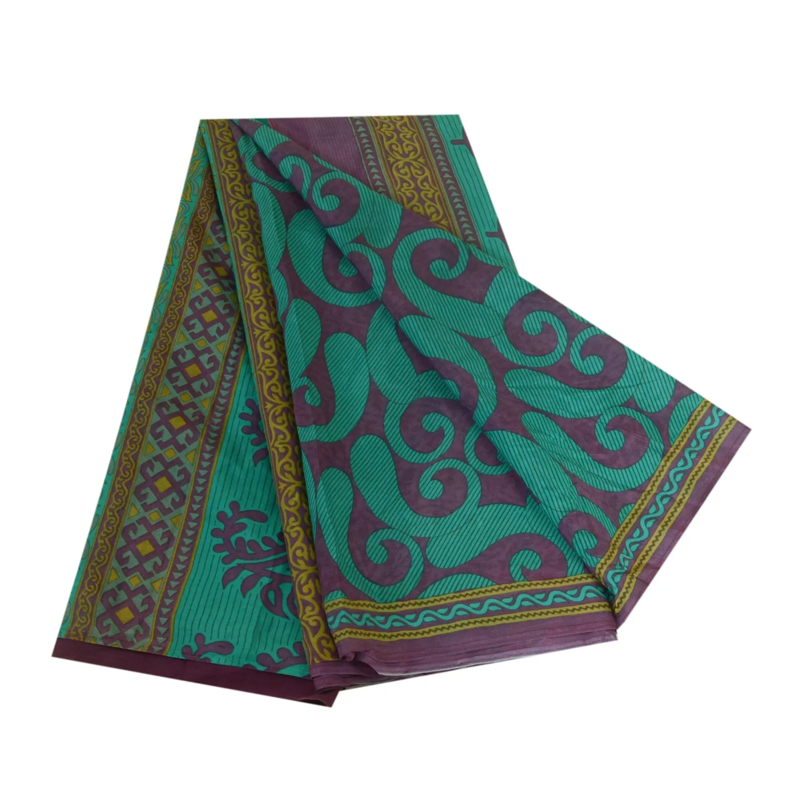 Sanskriti Vintage Sarees Green/Purple Pure Silk Printed Sari Soft Craft Fabric