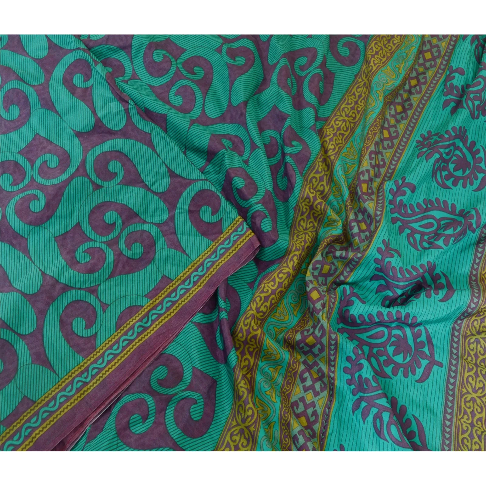 Sanskriti Vintage Sarees Green/Purple Pure Silk Printed Sari Soft Craft Fabric