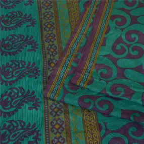 Sanskriti Vintage Sarees Green/Purple Pure Silk Printed Sari Soft Craft Fabric