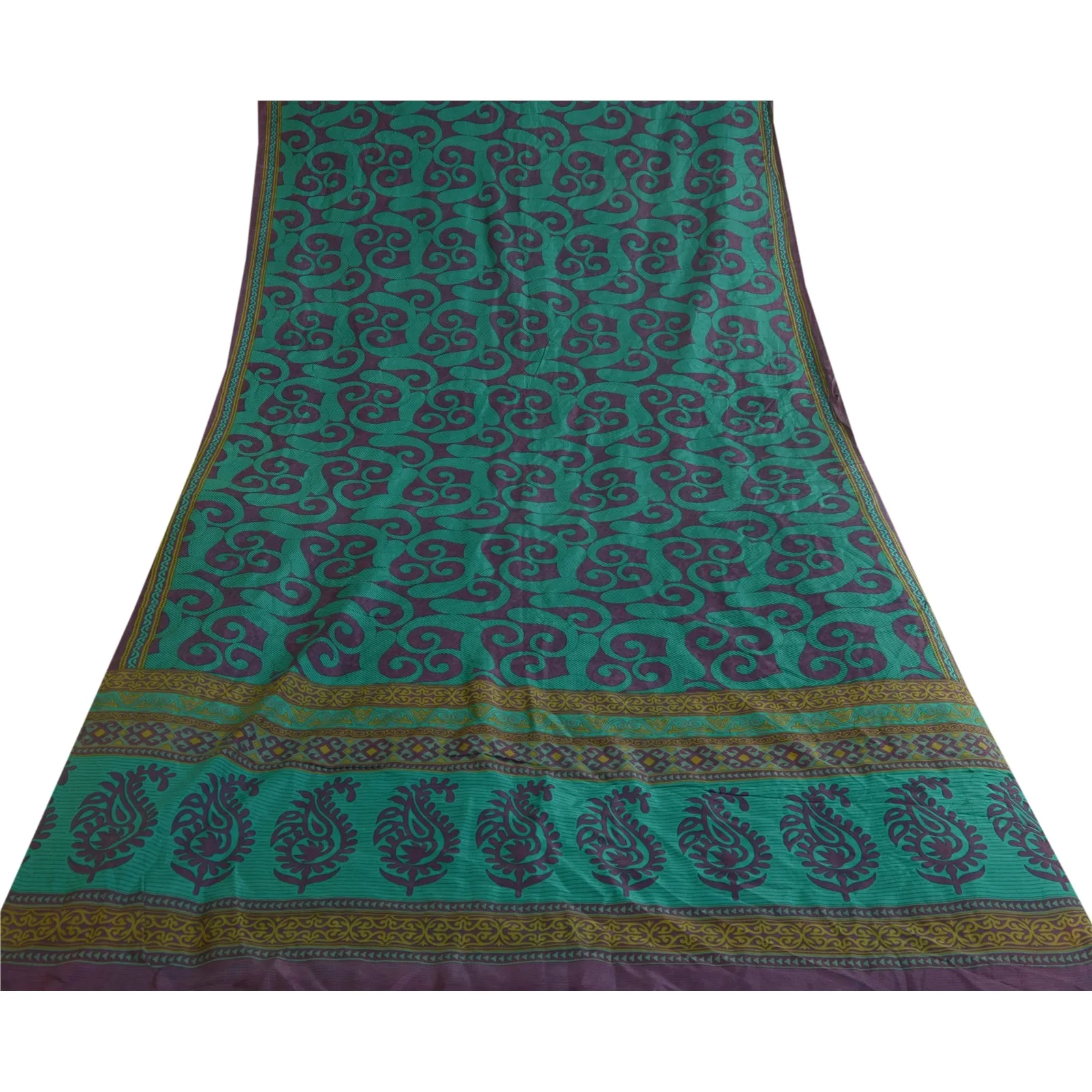 Sanskriti Vintage Sarees Green/Purple Pure Silk Printed Sari Soft Craft Fabric