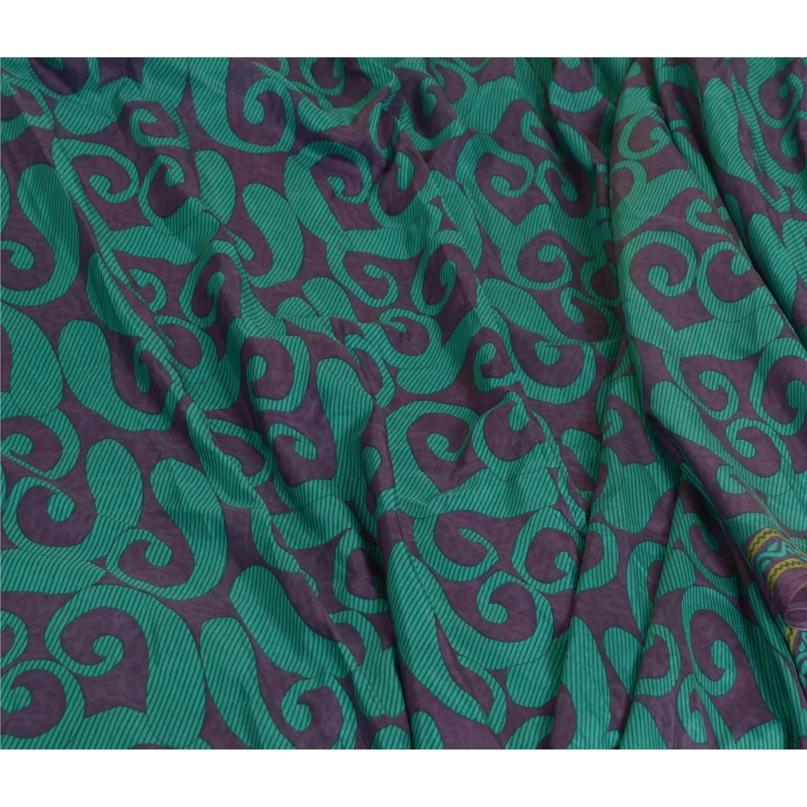 Sanskriti Vintage Sarees Green/Purple Pure Silk Printed Sari Soft Craft Fabric