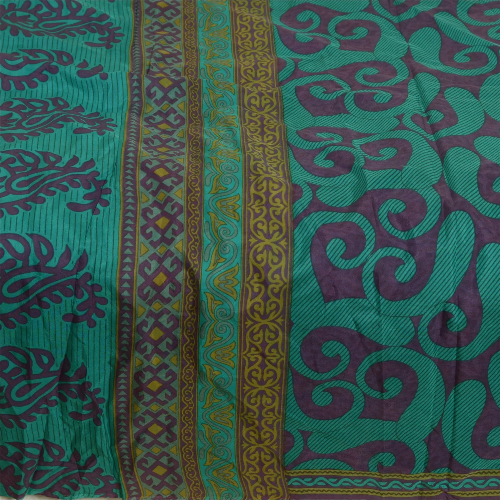 Sanskriti Vintage Sarees Green/Purple Pure Silk Printed Sari Soft Craft Fabric